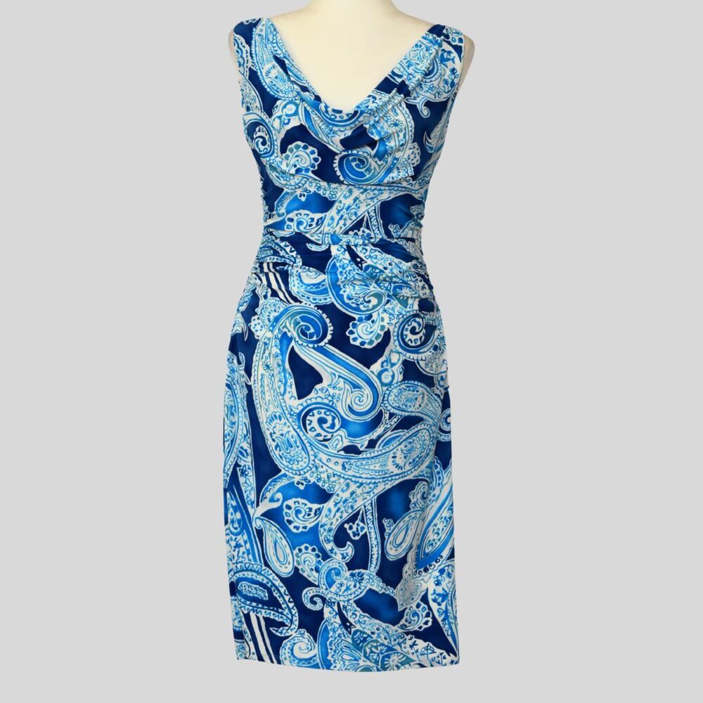 RALPH LAUREN Women's Ruched Paisley Blue/ White Dress Size 4